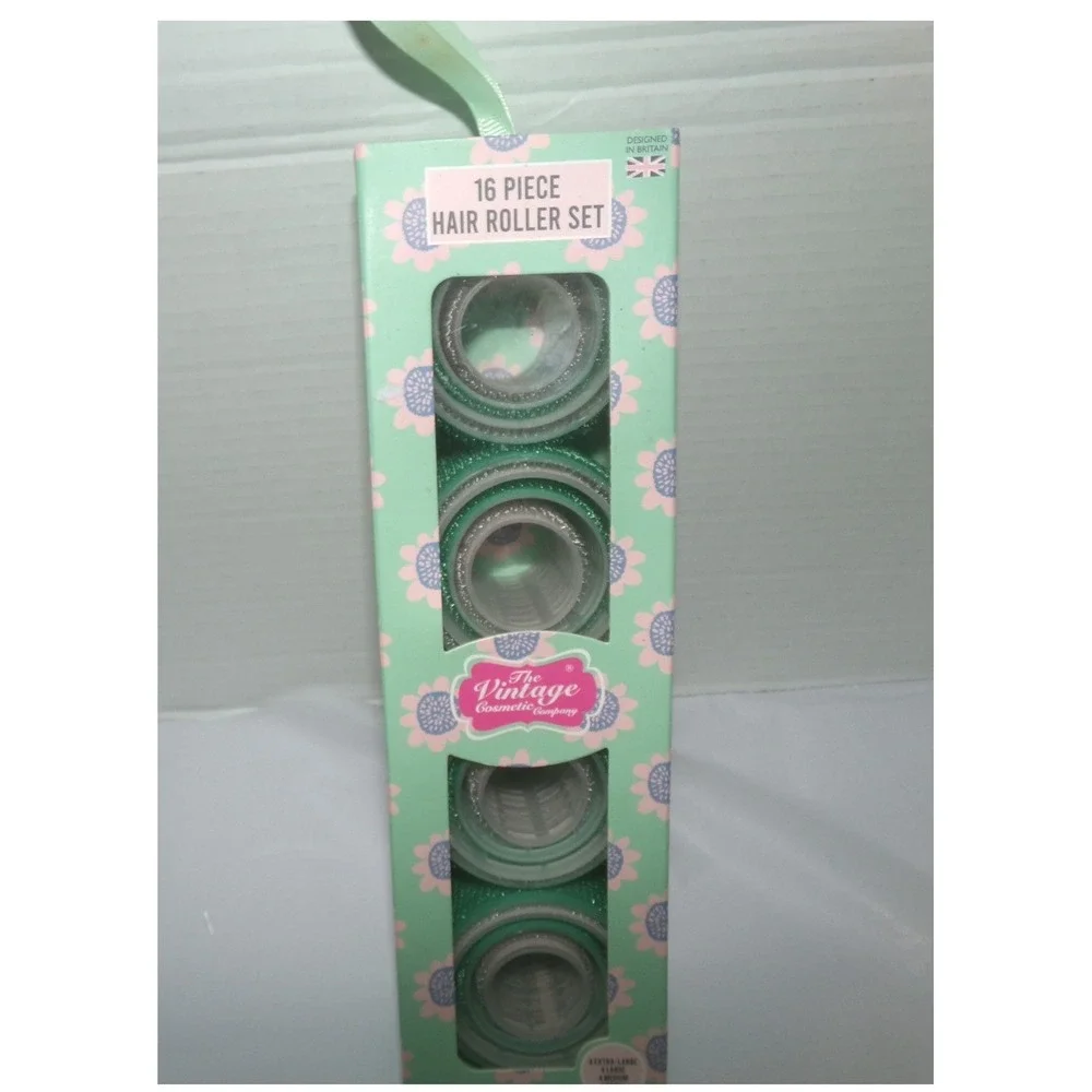 The Vintage Cosmetic Company 16 Piece Hair Roller Set Green Floral Box New